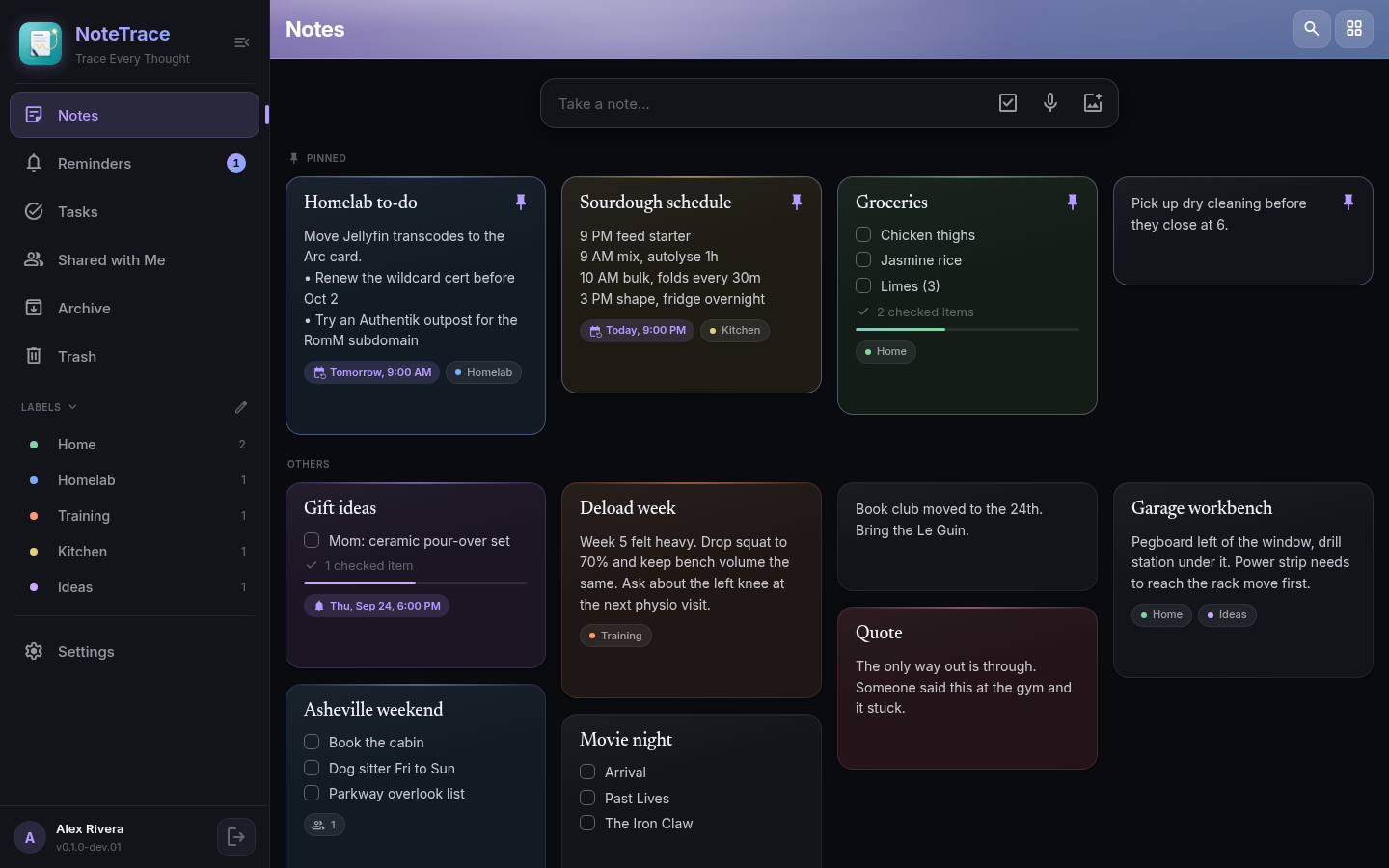 NoteTrace notes grid with pinned notes, checklists, reminders, and labels
