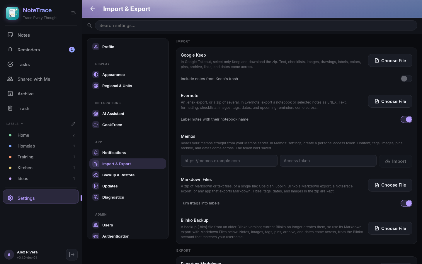 Import and Export settings