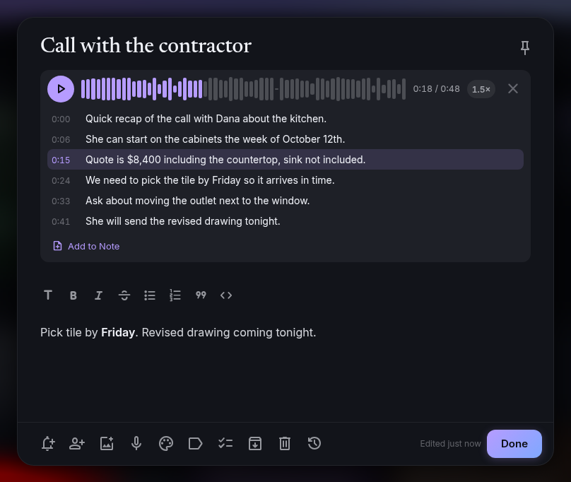 A voice note with its waveform and a timestamped transcript